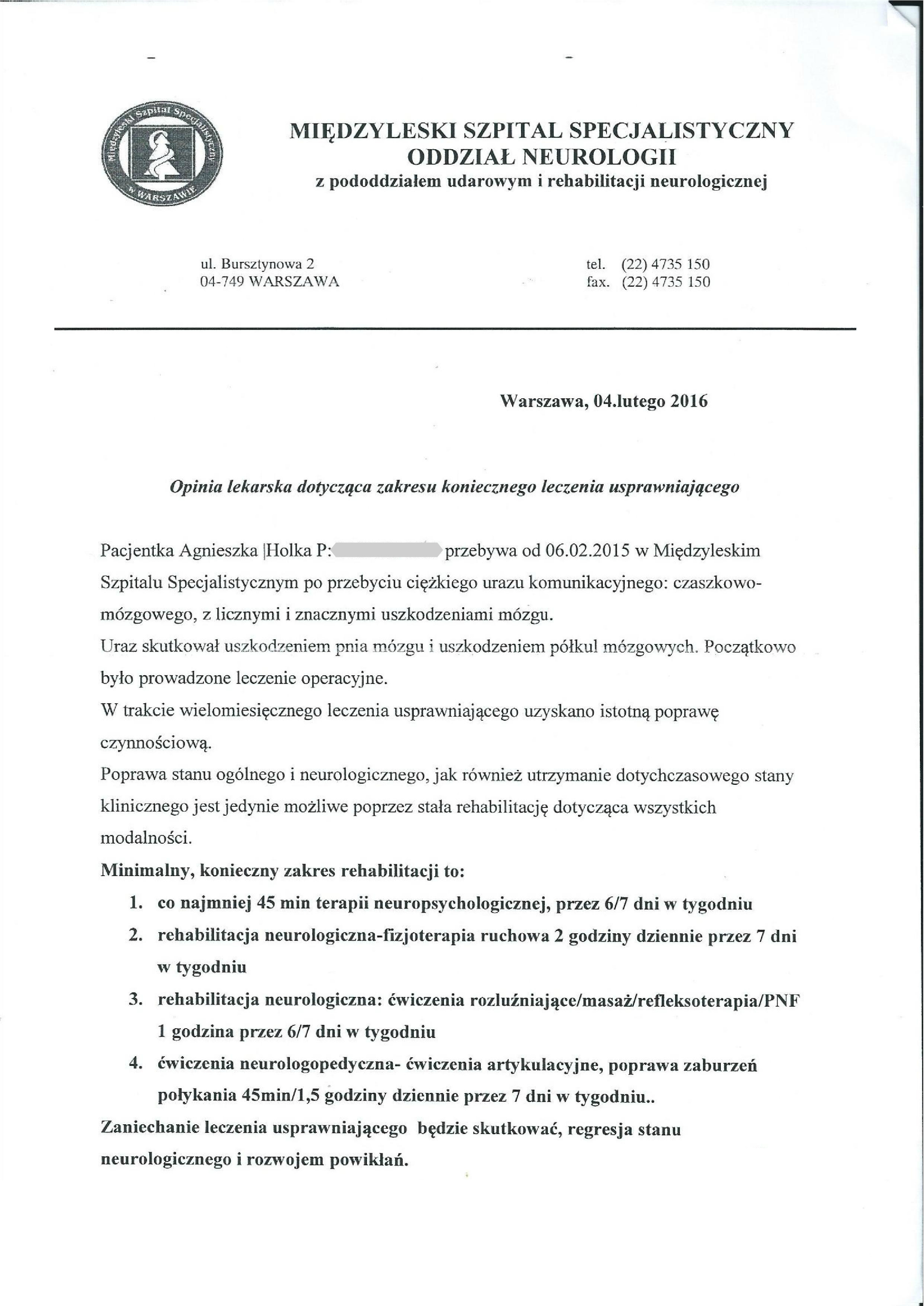 Opinia lekarska dotycząca zakresu koniecznego leczenia